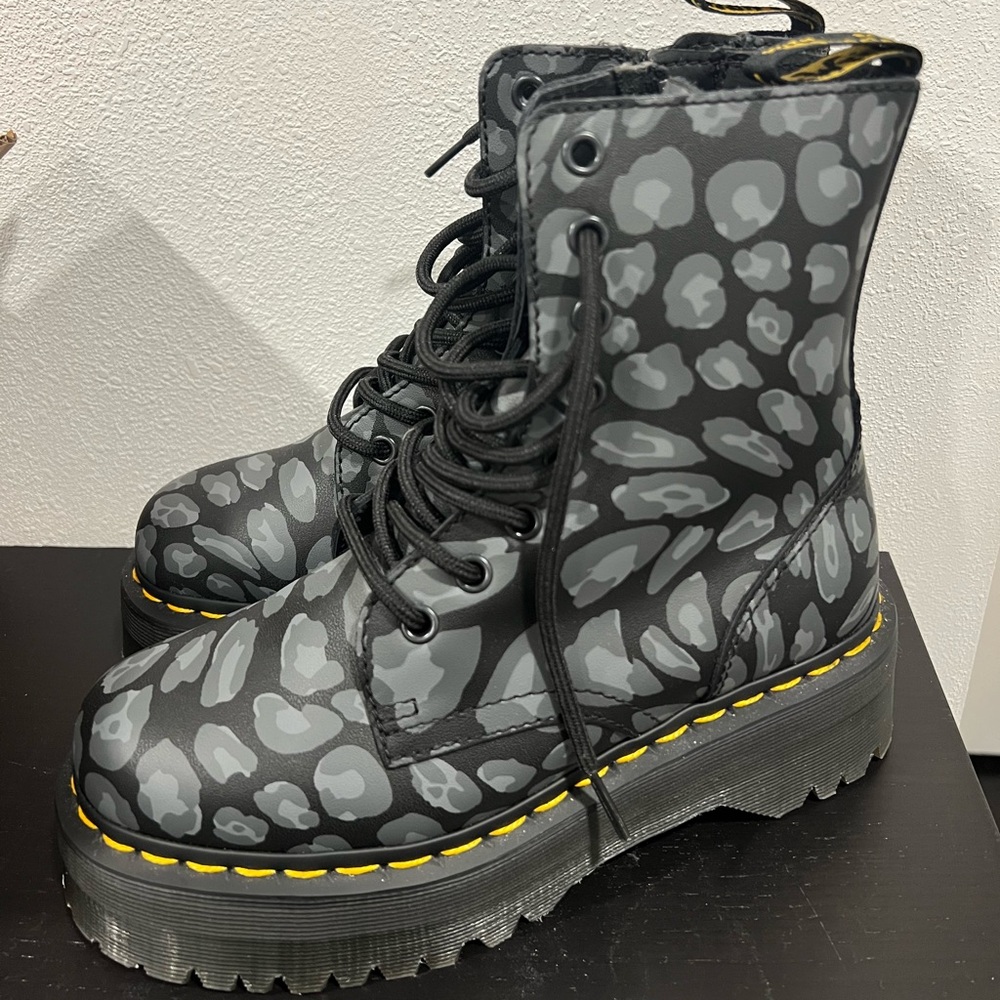 Dr. Martens Black and Gray Leopard Print Women's Boots